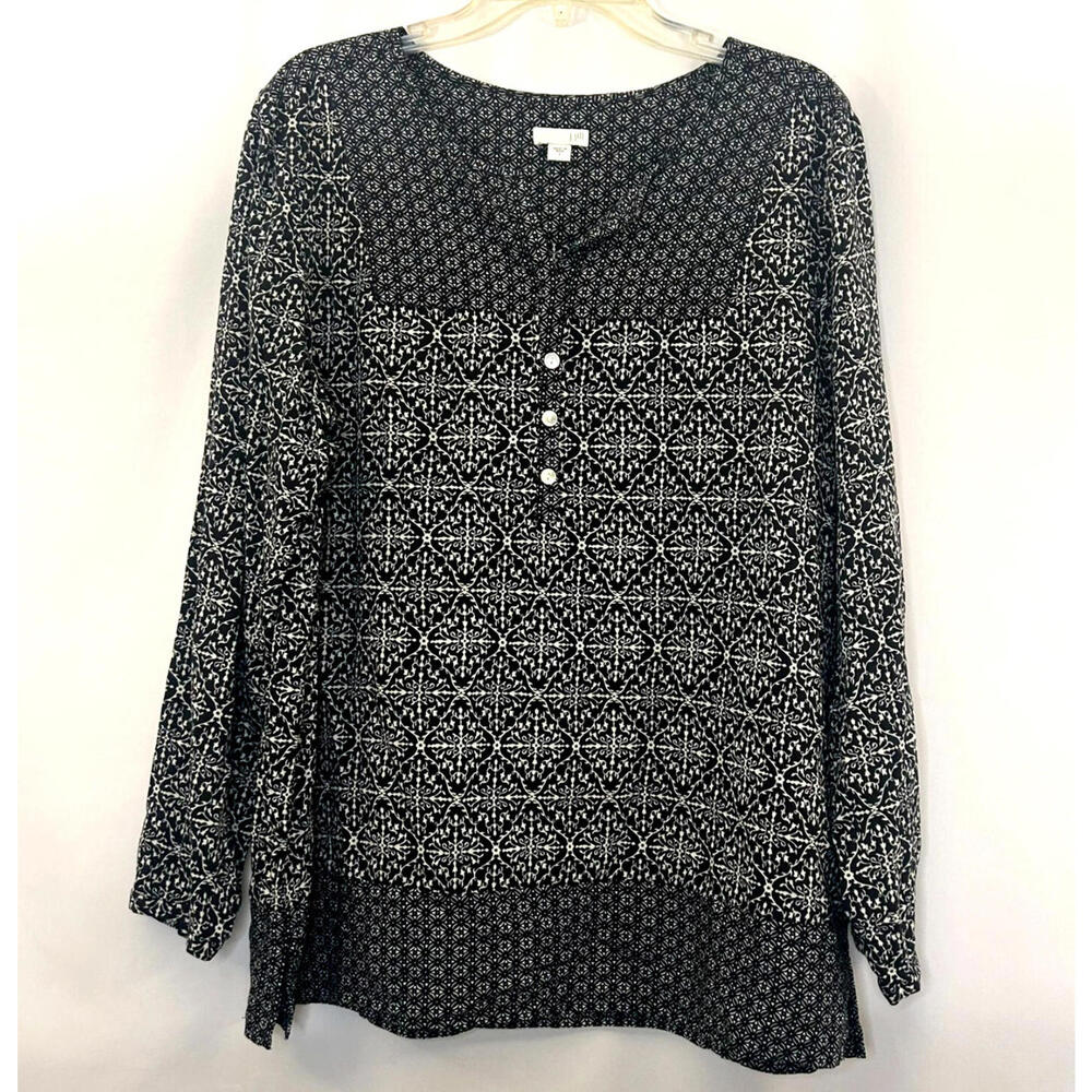 J Jill Black And White Top Women's Size Large Long Sleeve Blouse With Buttons
